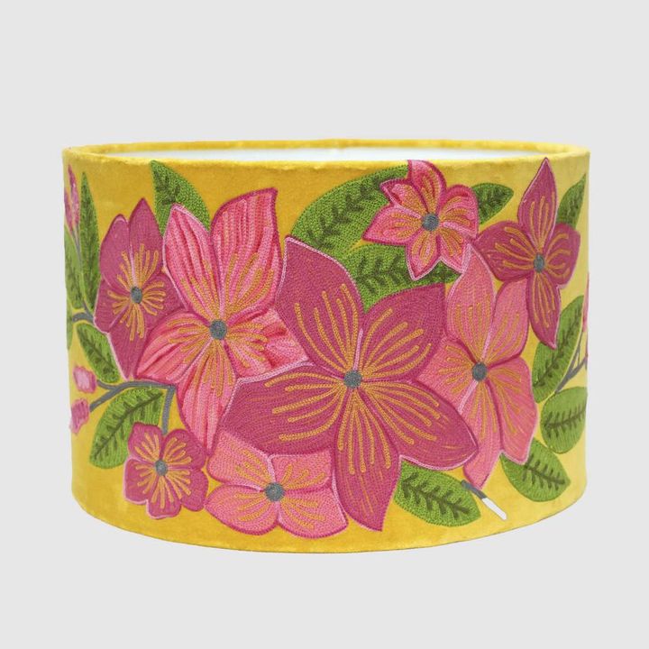 Pink Frangpani Drum Shade 40x25cm Yellow