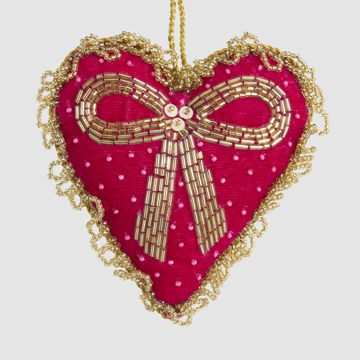 Beaded Bow Heart Decoration Fuchsia