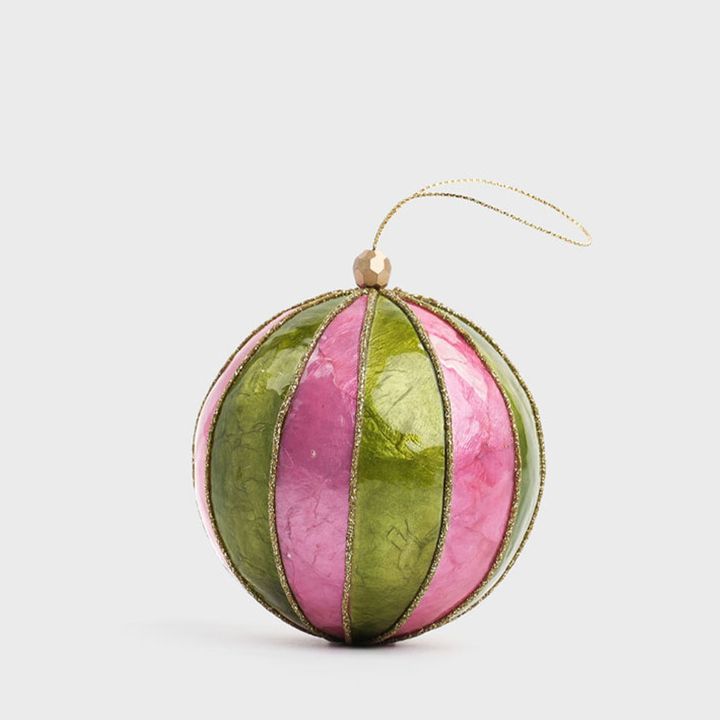 Stripe Handpainted Capiz Bauble Green & Pink