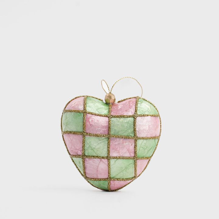 Checkers Capiz Heart Decoration Pink & Green Sml