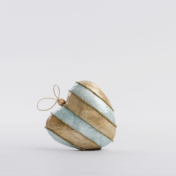 Stripe Capiz Heart Decoration Gold & Blue Sml