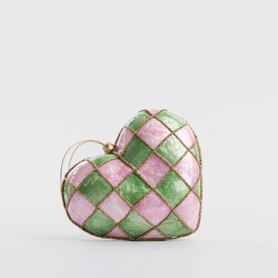 Checkers Capiz Heart Decoration Pink & Green Med
