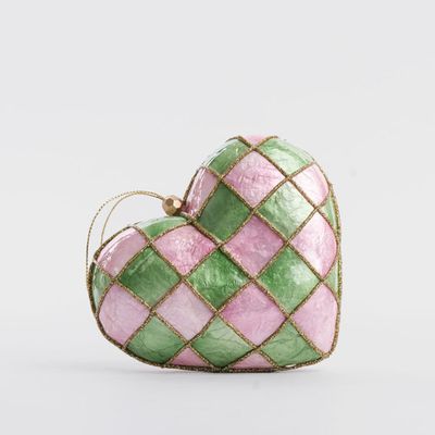 Checkers Capiz Heart Decoration Pink & Green Med