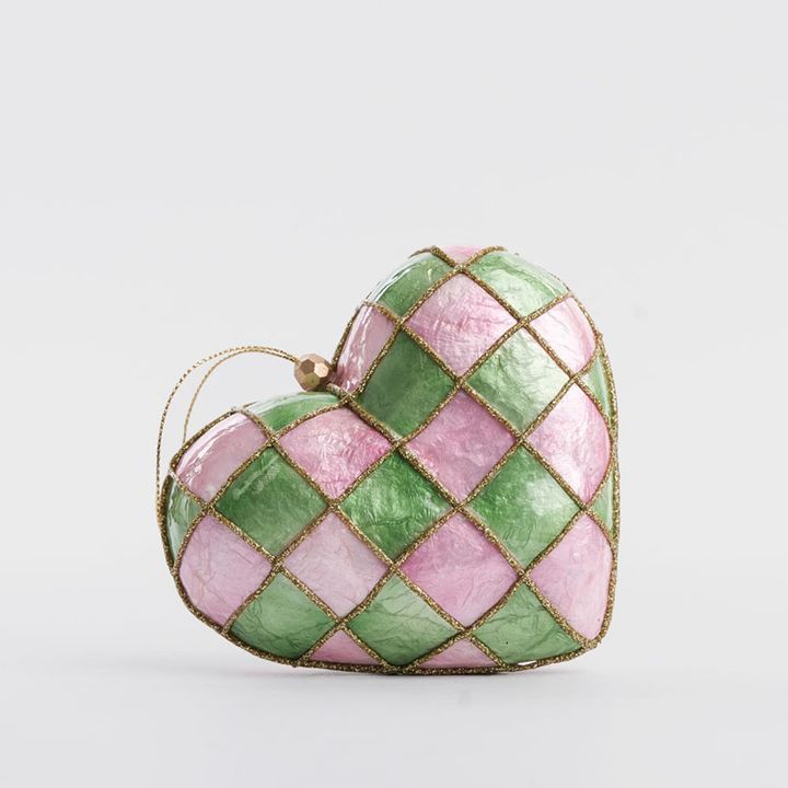 Checkers Capiz Heart Decoration Pink & Green Med