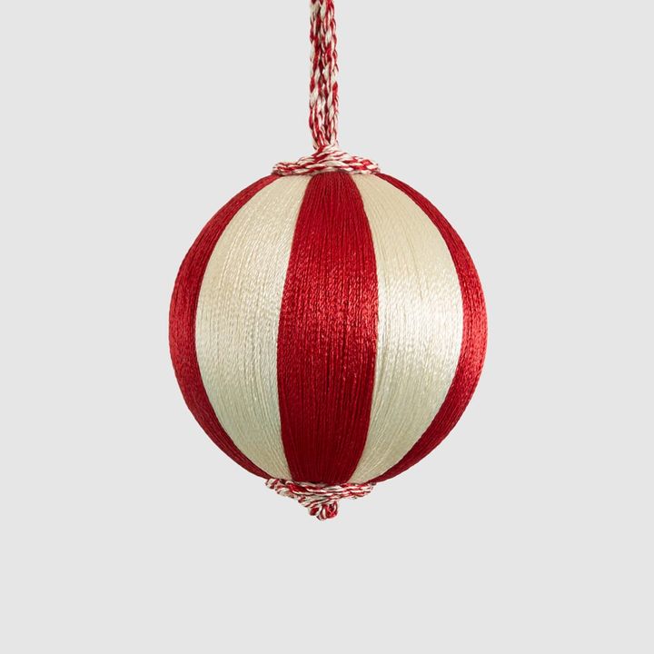 Silk Stripe Bauble Small Red & Ivory
