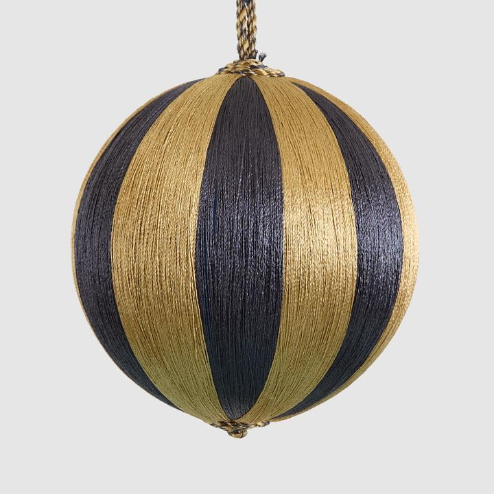 Silk Stripe Bauble Medium Navy Blue & Champagne