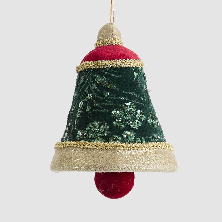 Beaded Green Velvet Bell Decoration