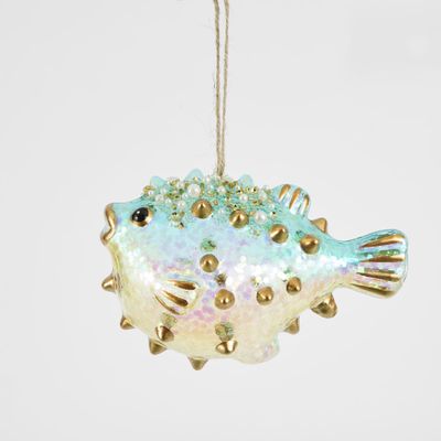 Glass Blown Puffer Fish Decoration Turquoise