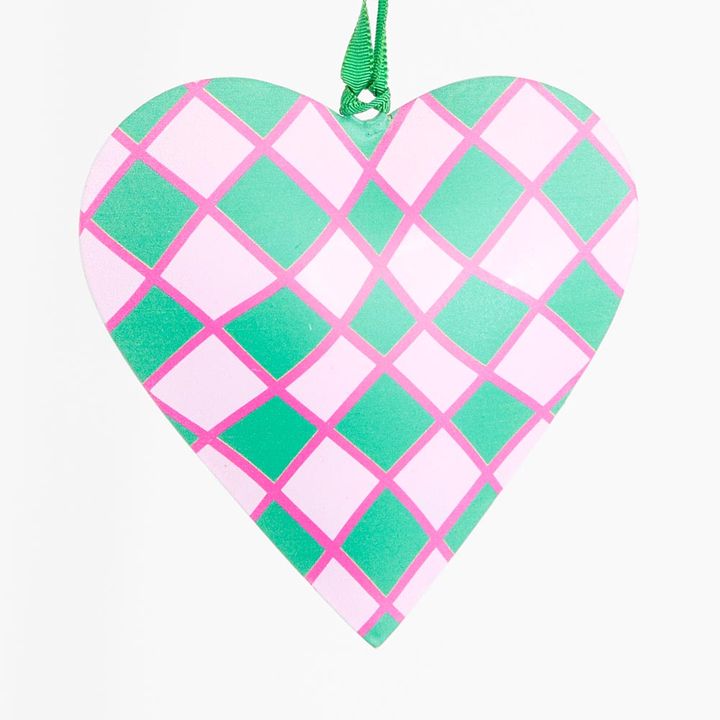 Joy Hand Painted Heart Tree Decoration Pink & Green