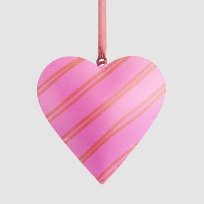 Joy Hand Painted Heart Tree Decoration Pink & Red Stripes