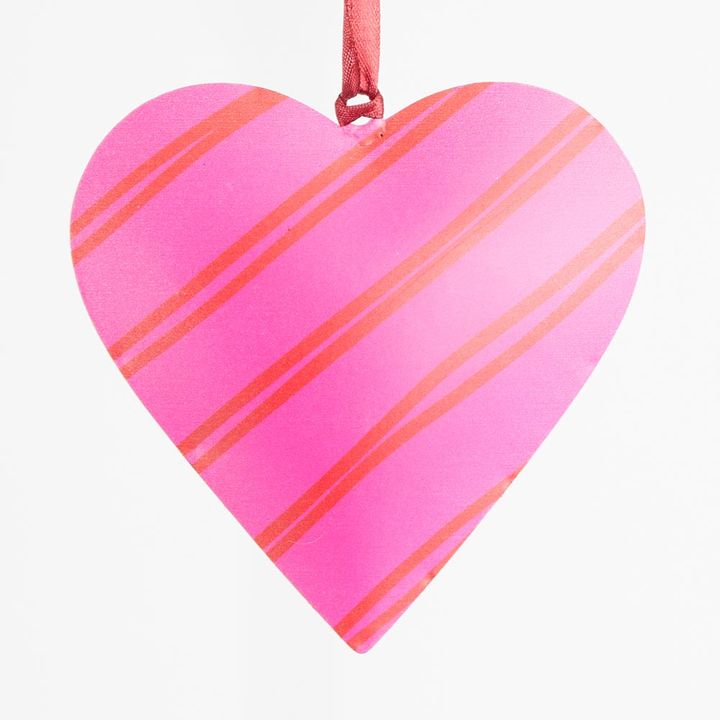 Joy Hand Painted Heart Tree Decoration Pink & Red Stripes
