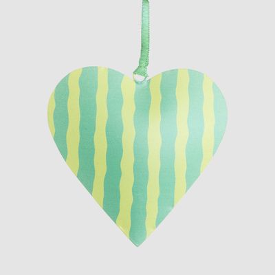 Joy Hand Painted Heart Tree Decoration Green Stripe