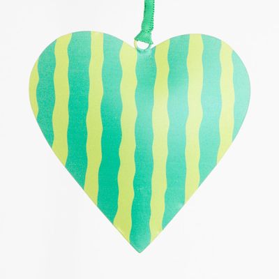 Joy Hand Painted Heart Tree Decoration Green Stripe