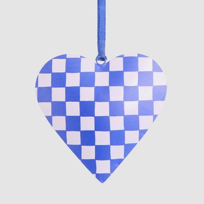 Joy Hand Painted Heart Tree Decoration Blue Check