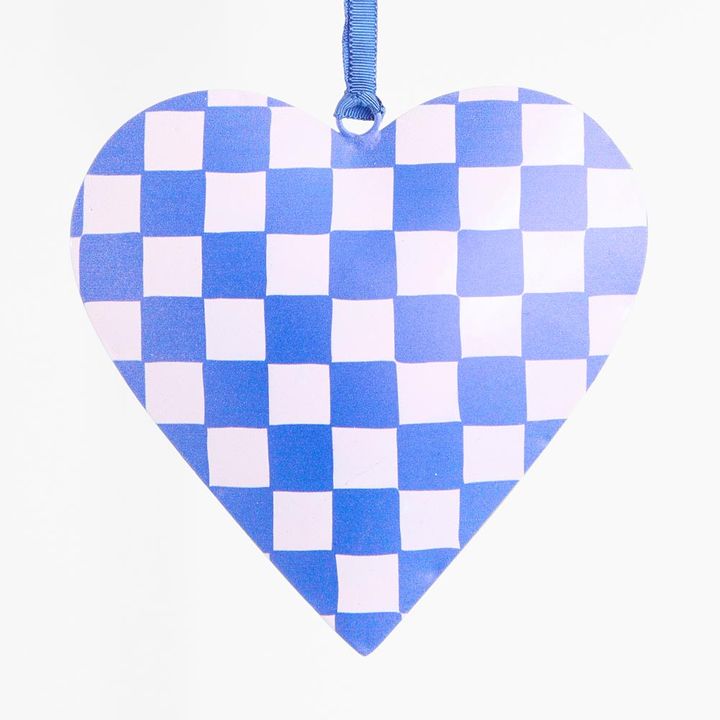 Joy Hand Painted Heart Tree Decoration Blue Check