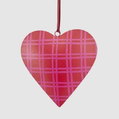 Joy Hand Painted Heart Tree Decoration Pink & Red Checks