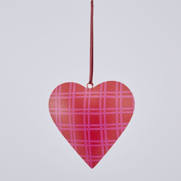 Joy Hand Painted Heart Tree Decoration Pink & Red Checks