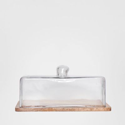 Rectangle Glass Cloche With Wood Base 30cm
