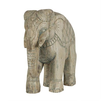 Elephant Wooden Carving with Antique Blue Detailing Bleach Brown
