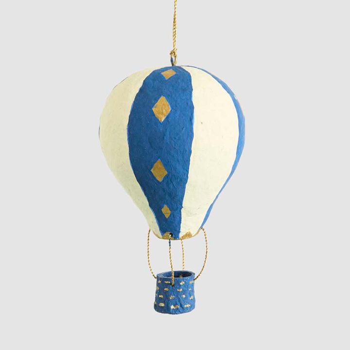 Mache Hot Air Balloon Blue Stripe Hanging Decoration