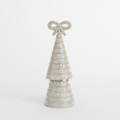 Tiffany Bow Bugle Bead Tiered Cone Tree Small Silver