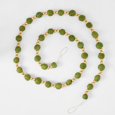 Felt Pompom Garland With Gold Beads Green