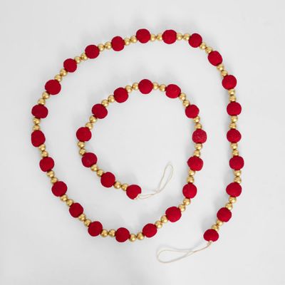 Felt Pompom Garland With Gold Beads Red