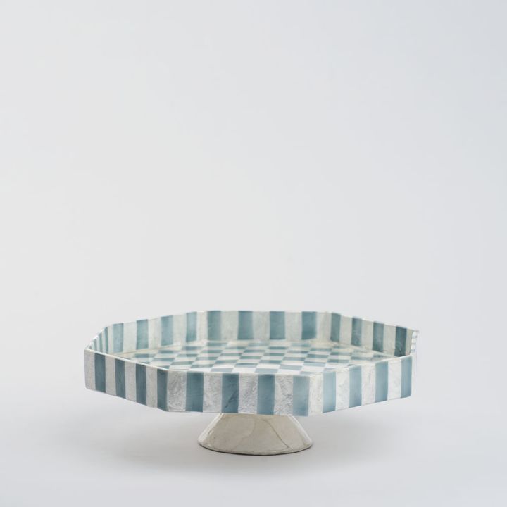 Blue Check Capiz Cake Stand Sml