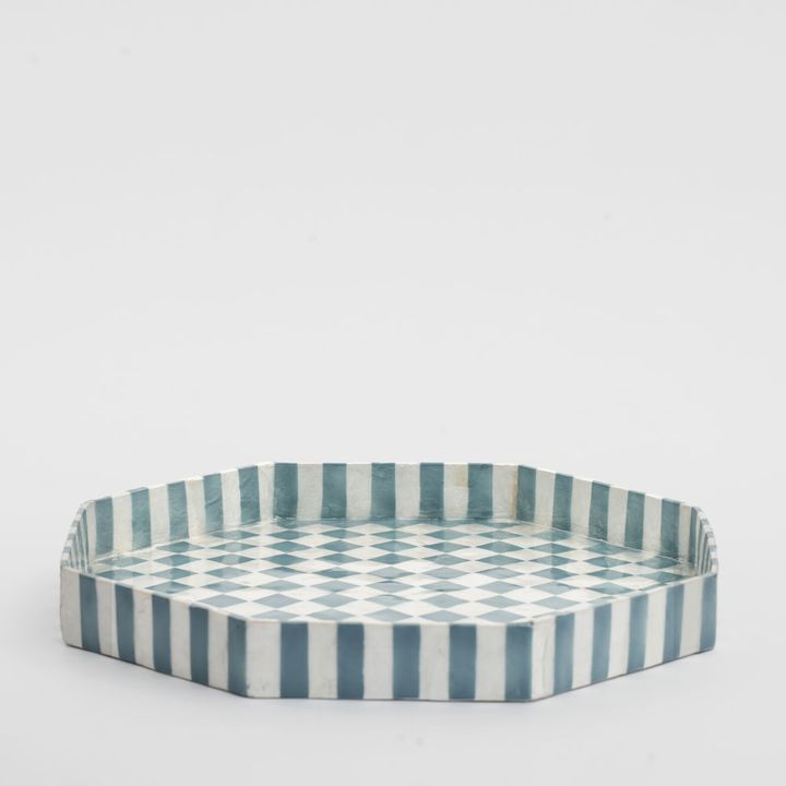 Blue Check Capiz Tray Lge