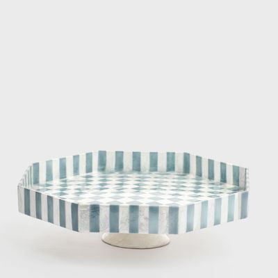 Blue Check Capiz Cake Stand Lge