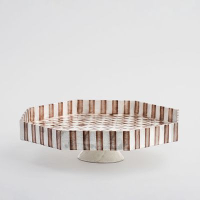 Brown Check Capiz Cake Stand Lge