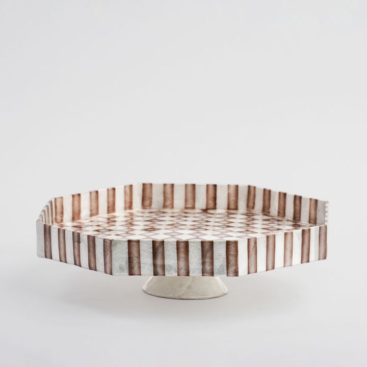 Brown Check Capiz Cake Stand Lge