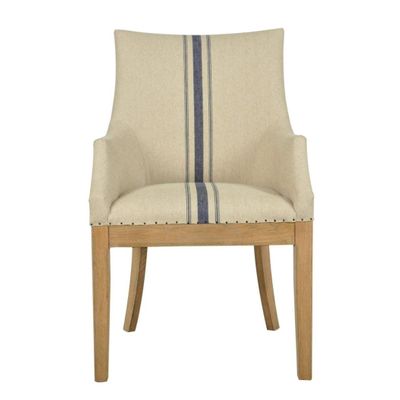 Oakwood Hamptons Linen Arm Chair Natural/Blue Stripe W/ Studs