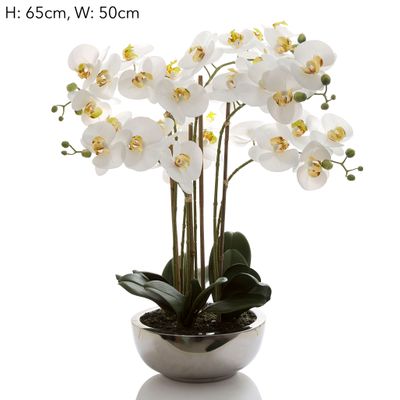 Phalaenopsis Real Touch in Silver Pot 50cm White