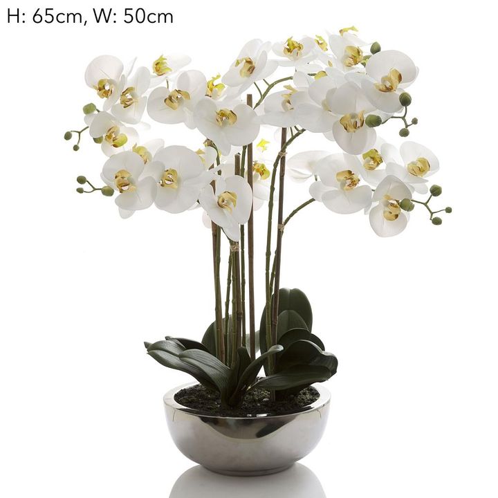 Phalaenopsis Real Touch in Silver Pot 50cm White