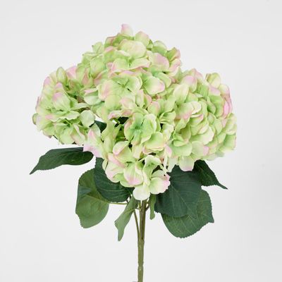 Hydrangea Bundle with Leaves 55cm Green & Pink