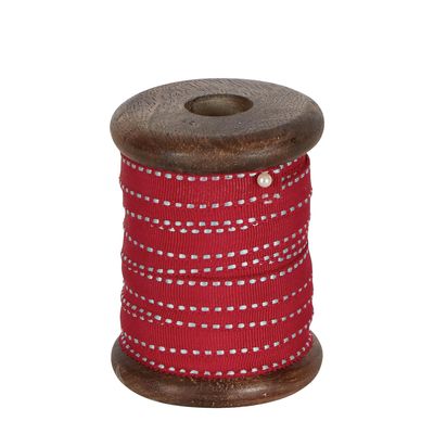 Red Ticking Grosgrain Ribbon On Wooden Spool 10m