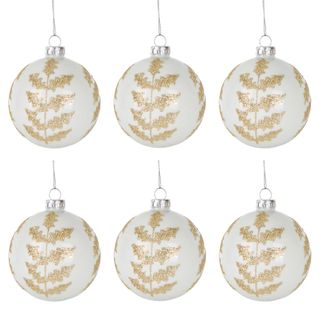 PRE-ORDER Gold Fern Boxed Baubles -Box of 6 White & Gold