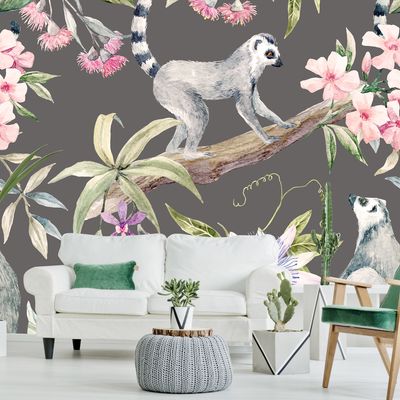 Lemurs And Hibiscus Dark Wallpaper