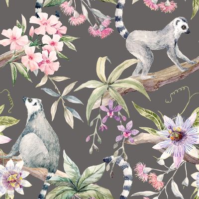 Lemurs And Hibiscus Dark Wallpaper