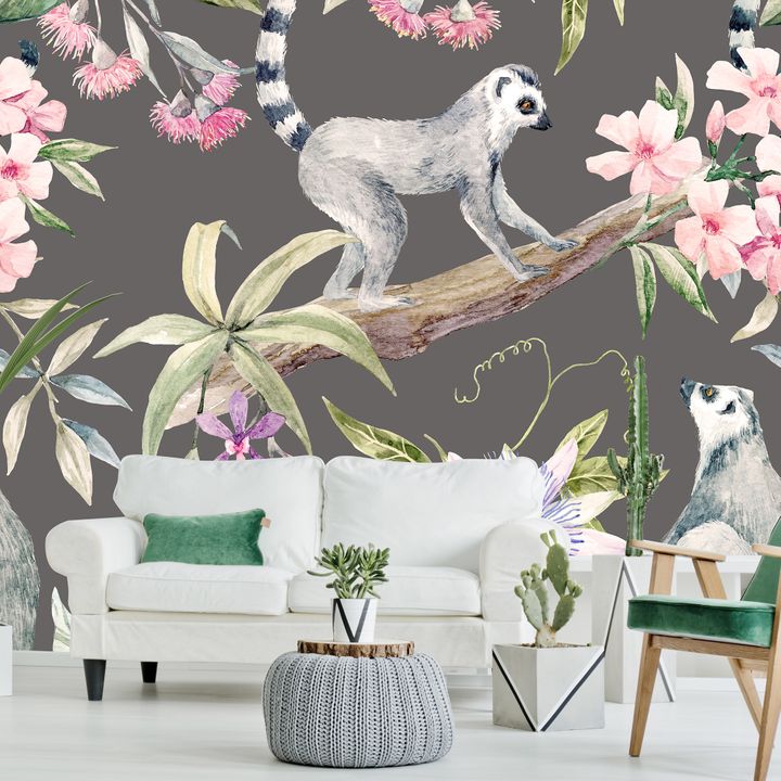 Lemurs And Hibiscus Dark Wallpaper