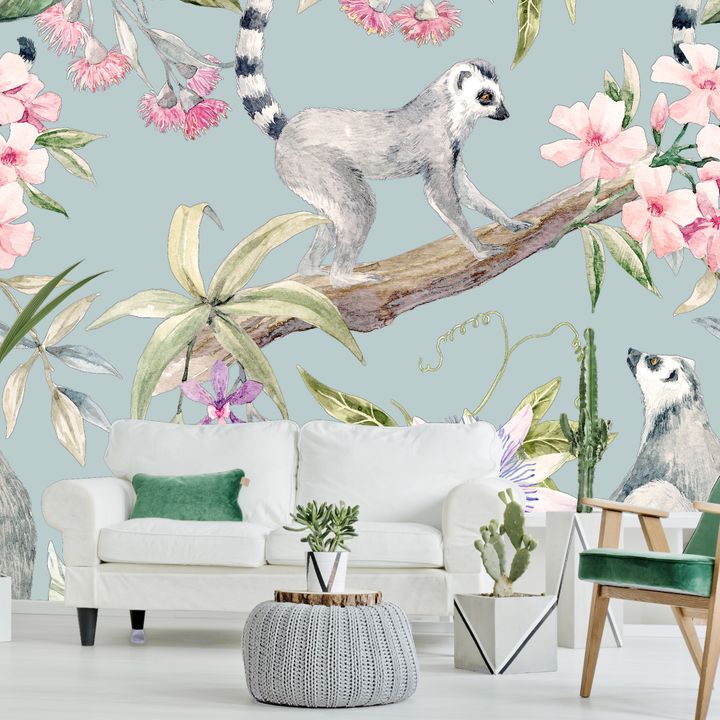 Lemurs And Hibiscus Light Wallpaper