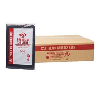 120LT Premium Black Bin Liner, Recycled LDPE, Dispense Pack 25, Carton 100.