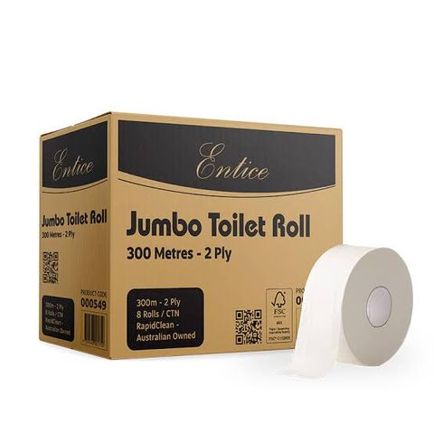 Entice 2ply 300m Jumbo Rolls, 8 Rolls per Ctn