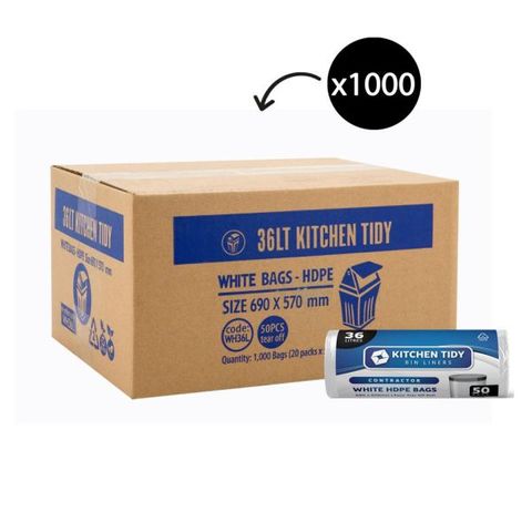 Austar 36LT Kitchen Tidy Bin Liner White, 50 Bags per Roll, 1000 per Ctn