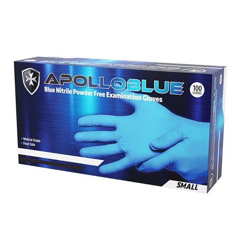 Apollo Blue - Small Blue Nitrile Powder Free Examination Gloves, 100 per Pkt, 10 Pkt per Ctn