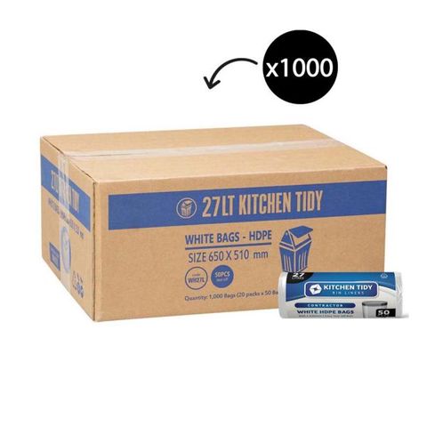 Austar 27LT Kitchen Tidy Bin Liner White, 50 Bags per Roll, 1000 per Ctn