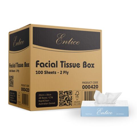 Entice Facial Tissues 100 sheets per pack, 48 packs per carton