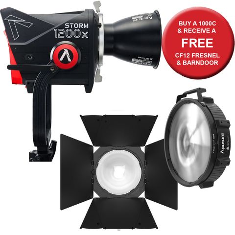 Aputure Storm 1200X LED Light Inc CF12 Fresnel & Barndoors