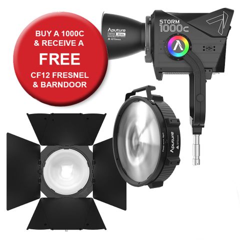Aputure Storm 1000c RGB LED Light Inc CF12 Fresnel & Barndoors